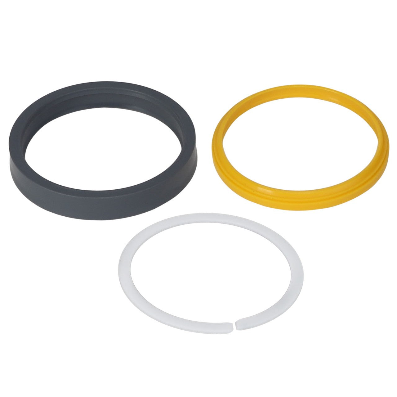 Experience the AGCO Seals Kit - Acp0357040, featuring three vibrant sealing rings in different colors: a sleek black ring, a sunny yellow ring, and a crisp white ring with a small opening.