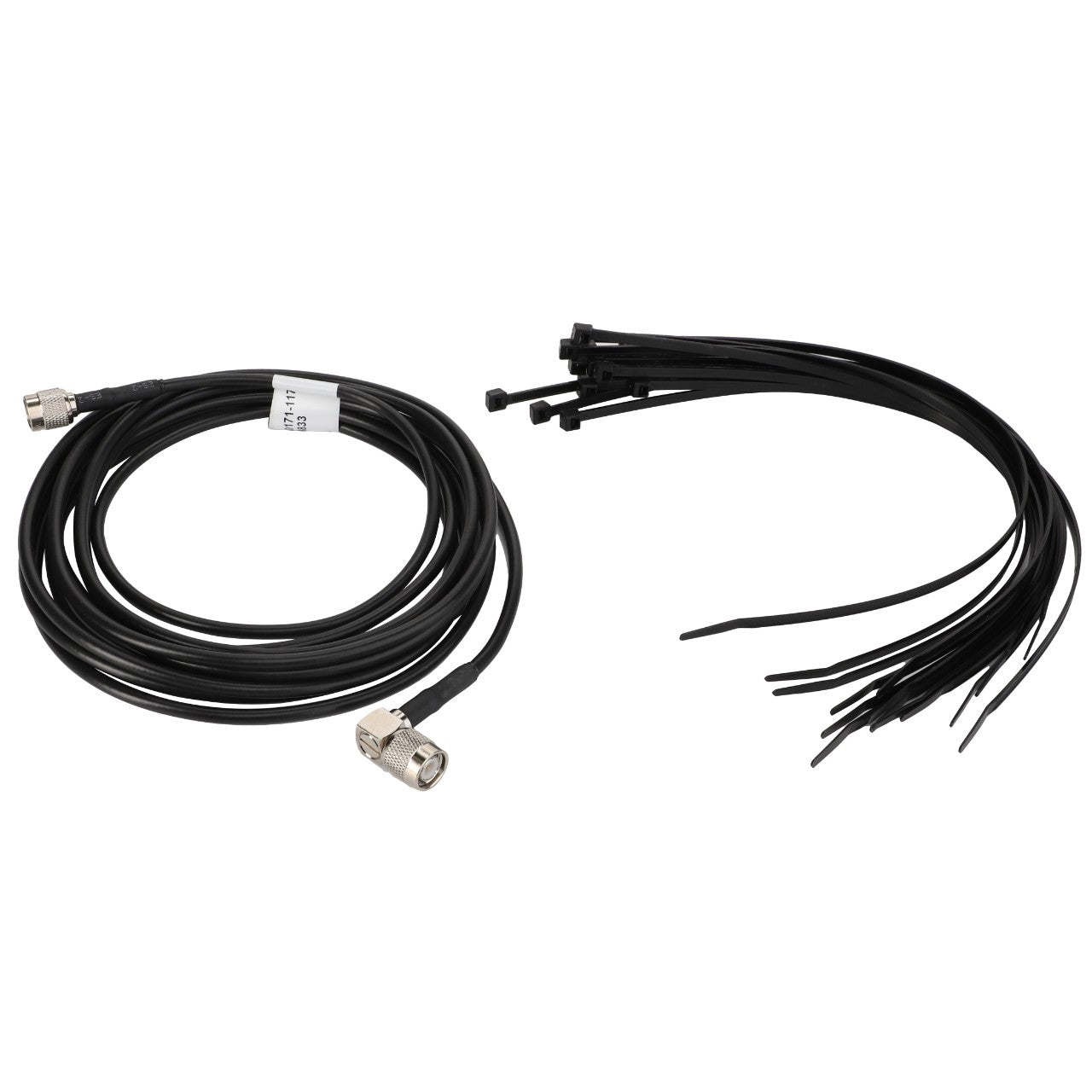 A coiled AGCO Antenna Cable (AG610620) with connectors on the ends is shown on the left, alongside a bundle of black zip ties and AGCO Parts Genuine Electrics on the right.