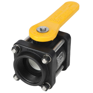 The AGCO | BALL VALVE - AG513721 is a black and yellow industrial valve with a yellow lever handle, featuring 4-bolt valves, designed for controlling the flow of liquids or gases in a pipe system.