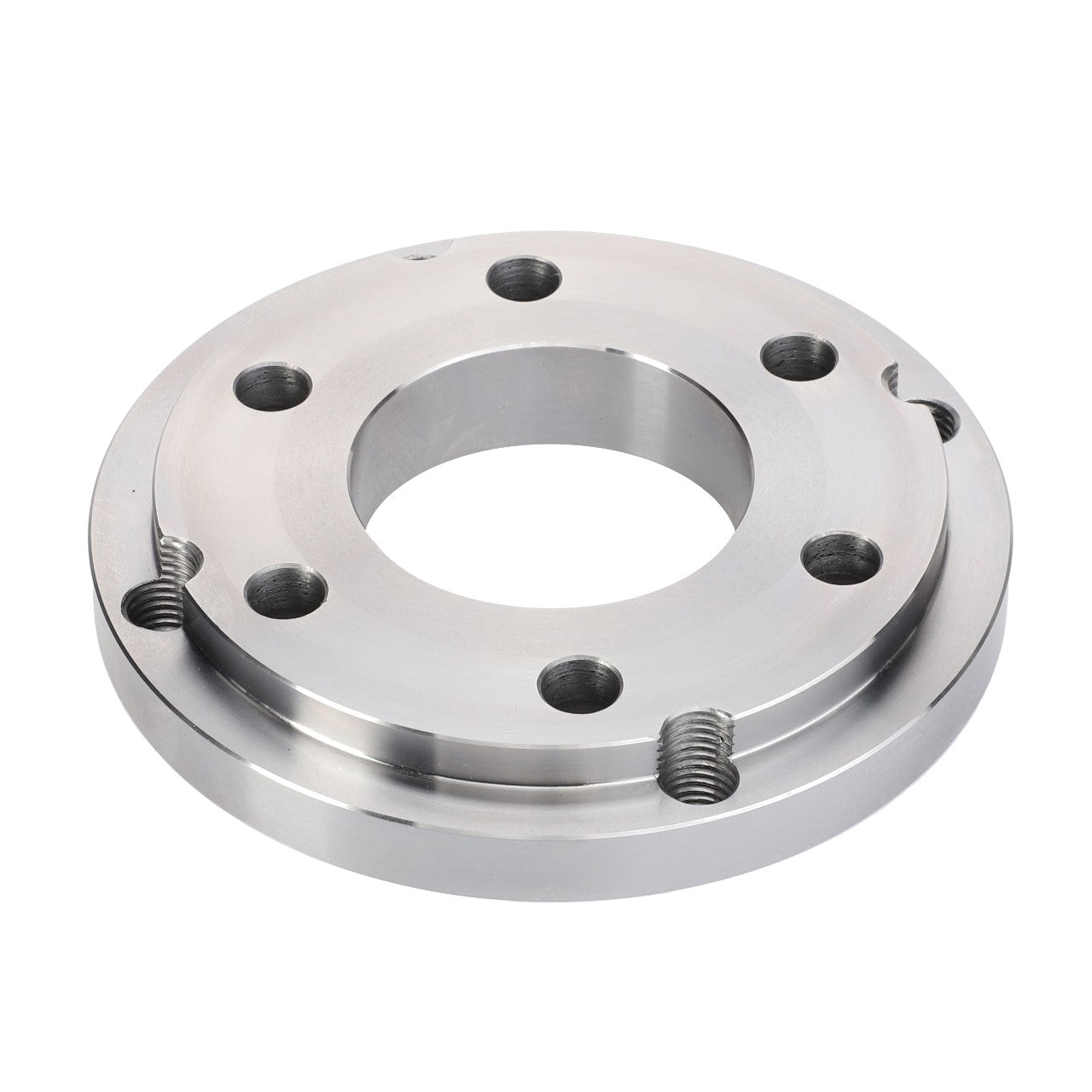 The AGCO Flange, Front PTO Drive 4288432M1 is a silver metallic circular flange with a large central hole, surrounded by five evenly spaced smaller holes and additional threading on its surface, designed as part of Massey Ferguson power take off components.