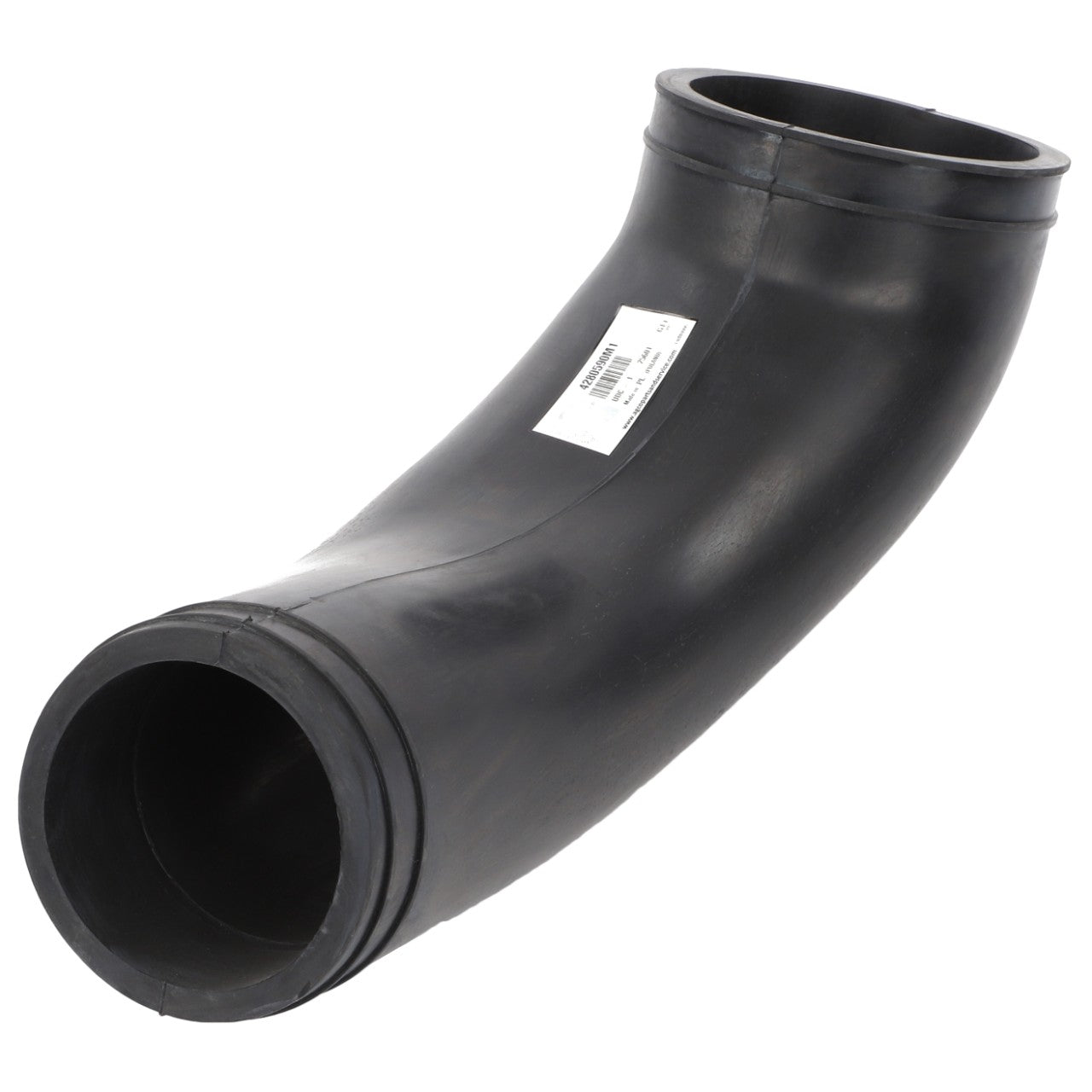 The AGCO Hose - 4280590M1 is a curved black plastic pipe with a label attached near the middle. No current product description is available for this item.