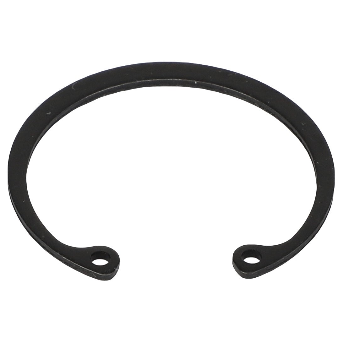 Close-up of the AGCO | RING - AG000060, a black circular retaining ring with two small holes at each end, commonly used in mechanical assemblies. For questions relating to this product, contact our support team.