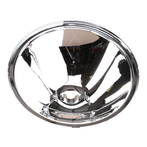 Close-up of a circular, reflective, chrome-like metal object with a concave shape. The center features a small, protruding mechanism designed to hold the AGCO Genuine Headlight (Product Name: AGCO | Headlight, Roof, Combiner - D45080002) for greater illumination on your tractor.