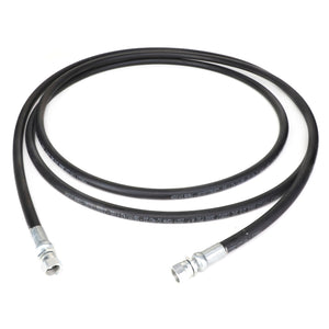 A sleek AGCO hydraulic hose, model Acp0015910, featuring black tubing and metal connectors on both ends, expertly coiled in a precise circular shape.