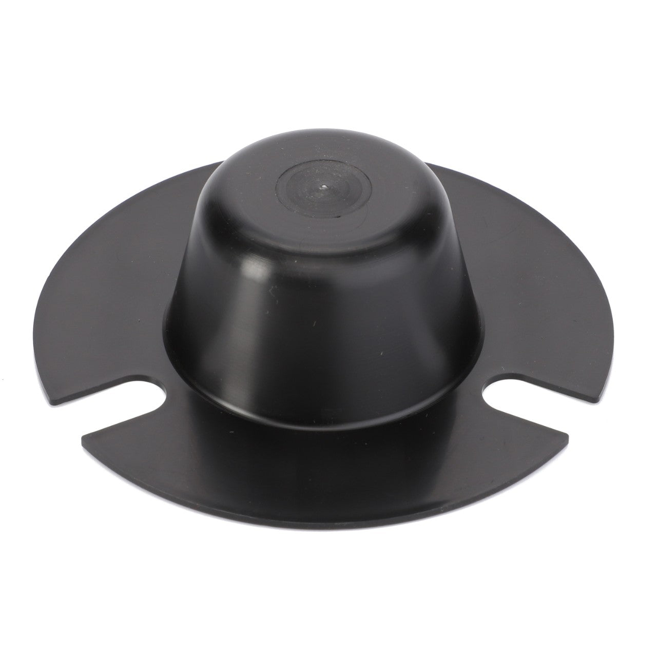 The AGCO | PLASTIC PLUG - D28286767 is a black, dome-shaped plastic object with a circular base and two notches on opposite sides. Additional product description information is currently unavailable.