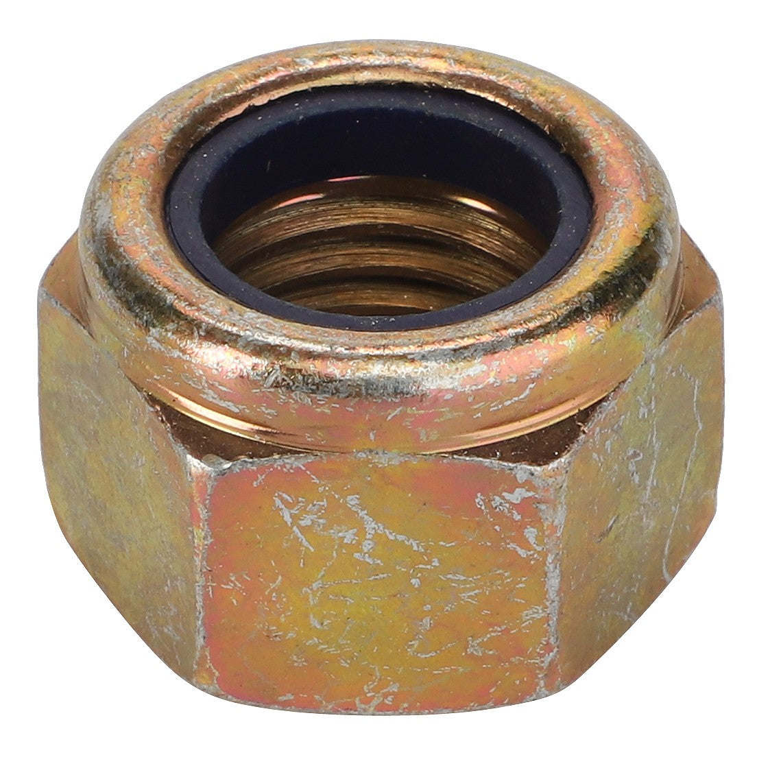 A hexagonal metal retaining nut, specifically the AGCO Retaining Nut for Drawbar Support (F339500166060), features a smooth threaded interior and a black nylon insert for a secure fit, adhering to stringent engineering material specifications.