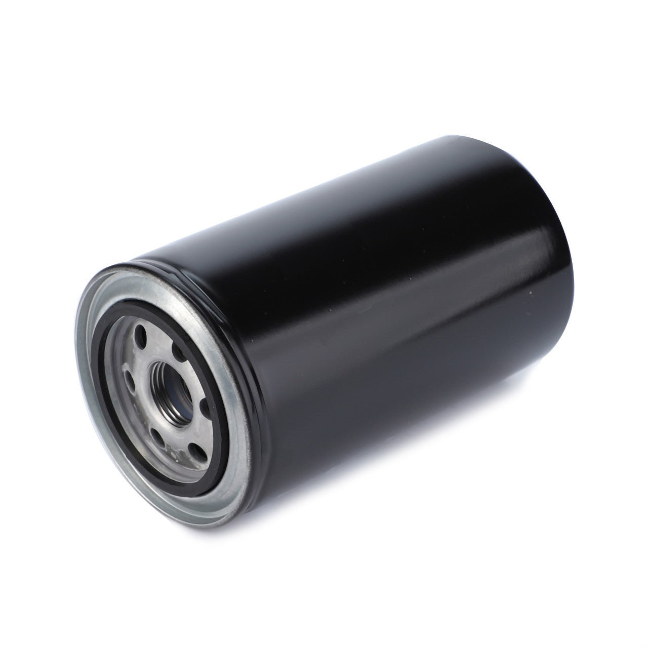 The AGCO | Engine Oil Filter Spin On - V836122208, a cylindrical black filter with a metal base featuring multiple holes and a threaded center hole, extends component life by preventing wear and corrosion.