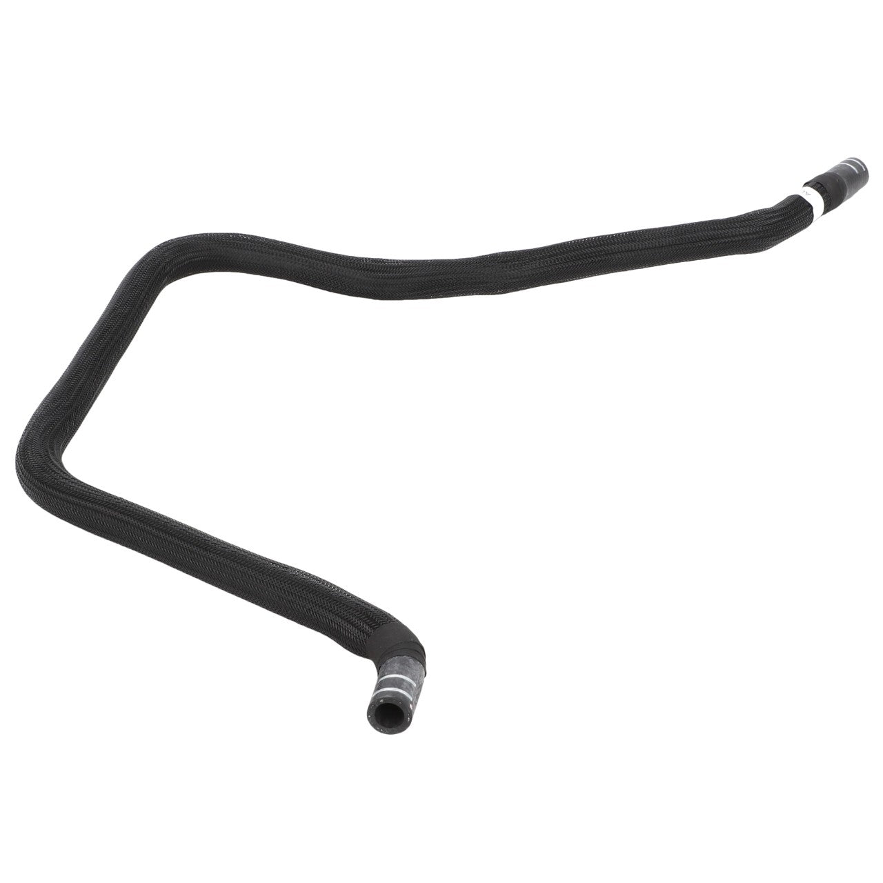 The AGCO | Hose - Acw2085930, an L-shaped, adaptable black hose by AGCO, is equipped with durable metal connectors on both ends.