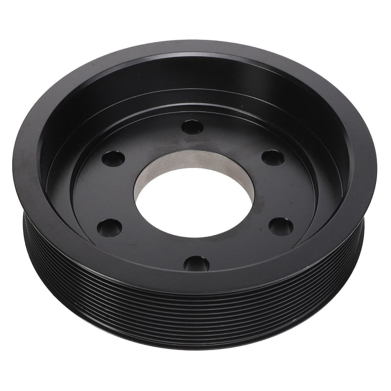 The AGCO Crankshaft Pulley - Acw2934710 is a black automotive component featuring a ribbed exterior and six holes surrounding the central mount. No current product description information is available.