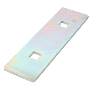 The AGCO | Bushing Clamp - Acx009826A from AGCO is a rectangular metal plate featuring two square cutouts, with a mesmerizing iridescent finish that catches the light beautifully.