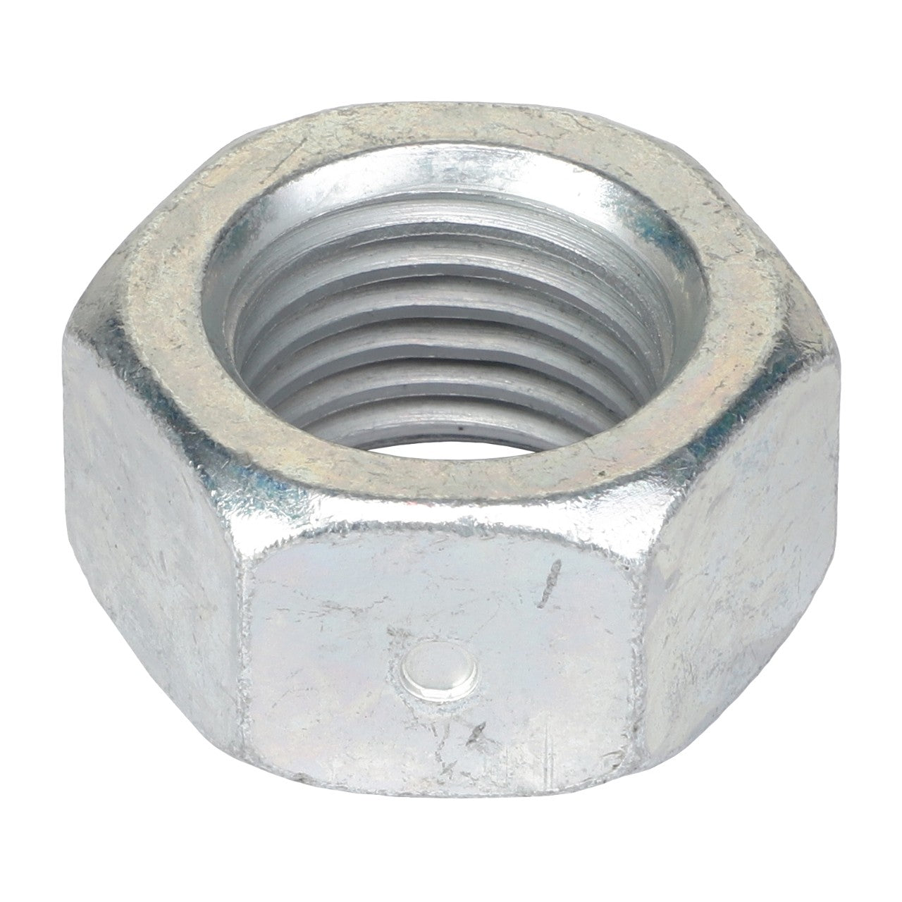 Close-up image of an AGCO Hex Locknut - Acp0014360, highlighting its precise interior threading and silver hexagonal design.