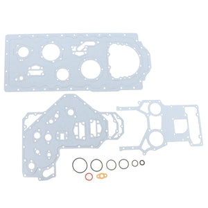 The AGCO | Joint/Gasket Kit - 4224613M91, designed for Valtra, Fendt, and Massey Ferguson tractors, includes two large gasket sheets along with various smaller rubber O-rings and gaskets neatly arranged below them.