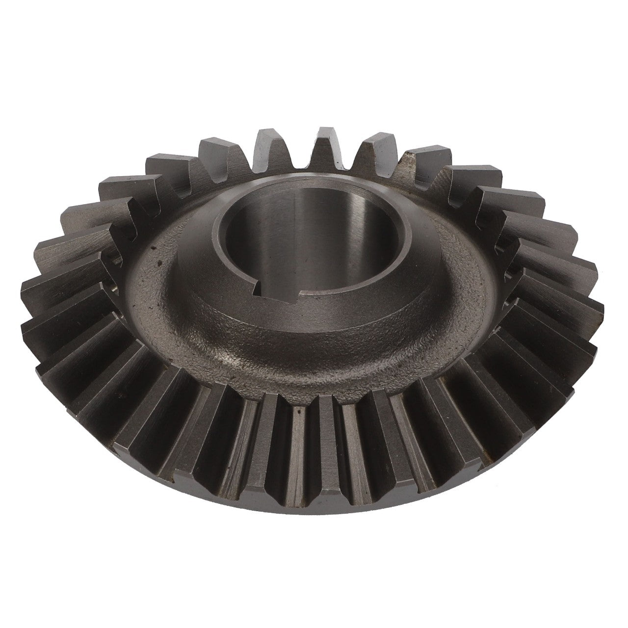 No current product description available for the AGCO | Sprocket - La300132234, a black bevel gear with angled teeth and a central hole, typically used in machinery to change the direction of a shaft's rotation.