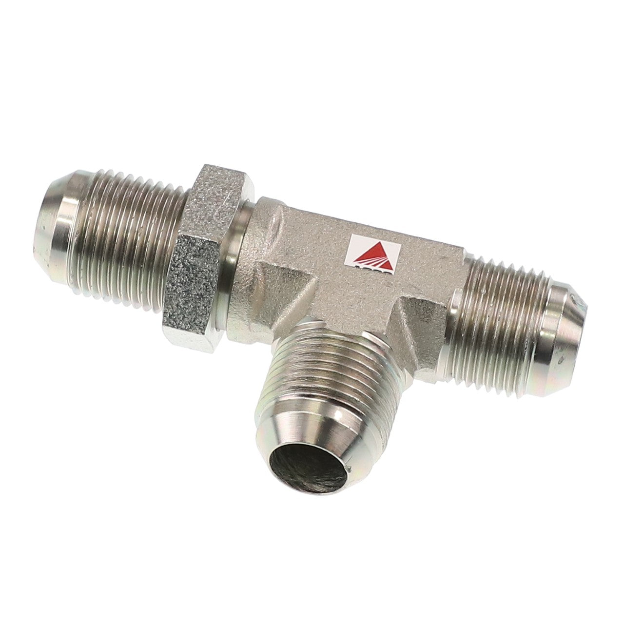 The AGCO TEE FITTING - ACP0474970 is a metal, T-shaped pipe fitting with threaded ends, designed for connecting three sections of piping. For any product questions, please contact support.