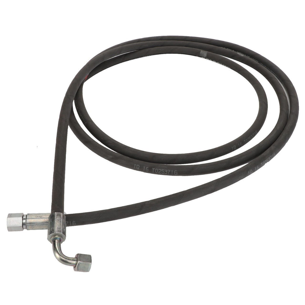 Product: AGCO | Hydr. Hose - Acw0534090 by AGCO, a coiled black hydraulic hose with metal connectors on both ends, featuring a right-angle fitting on one end.