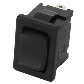 Introducing the AGCO SWITCH - D44900440, a sleek black rectangular rocker switch with a recessed center, featuring two metal prongs for secure electrical connections.
