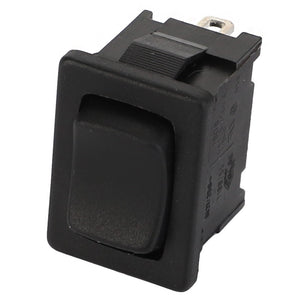 Introducing the AGCO SWITCH - D44900440, a sleek black rectangular rocker switch with a recessed center, featuring two metal prongs for secure electrical connections.