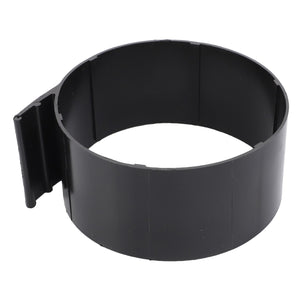 The AGCO | ACCUMULATOR STRAP - AL5215011 by AGCO is a unique black cylindrical plastic ring with a segmented design, featuring a distinctive flat extension on one side. No current product description fully captures its unique structure.