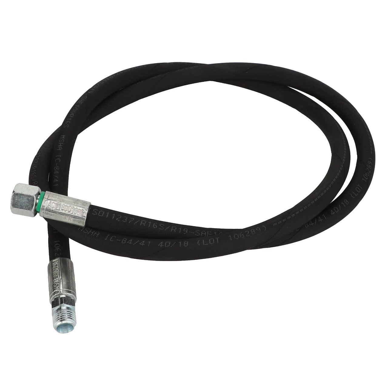 The AGCO Hydr. Hose - Acw1800160, a black hose with metal connectors at both ends, is coiled in a loop.