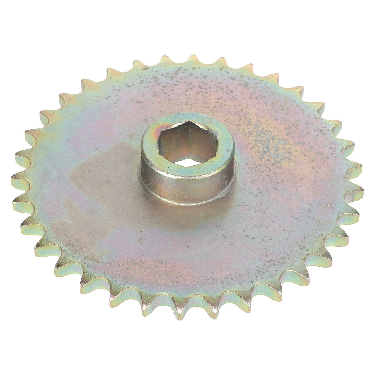 A metallic gear known as the AGCO Sprocket - Ba5071 with a central screw hole and teeth around the edge, featuring a slightly rusted, multicolored surface. No current product description information available.