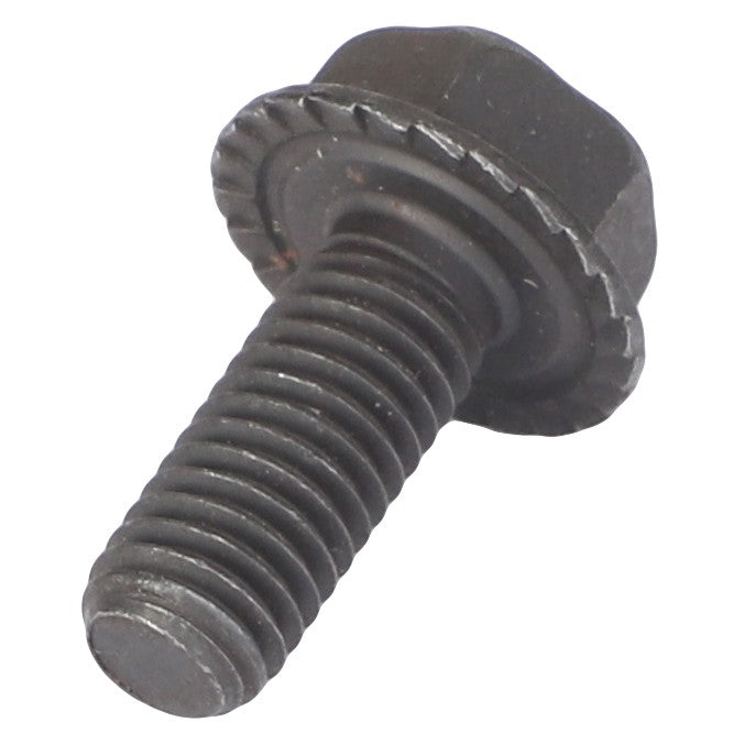 A close-up image of the AGCO LOCK SCREW - 0901-80-46-00, featuring a black metal bolt with a hexagonal head and integrated washer. No current product description information is available.