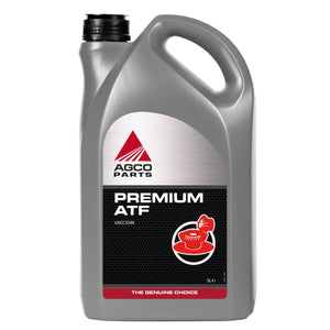 A gray plastic container of AGCO Parts Premium ATF Fluid, labeled in red and white with a handle and black cap. Ideal for automatic transmissions and power steering units, this product is available as AGCO | AGCO Parts Premium ATF Fluid 5L - Vacc3346.