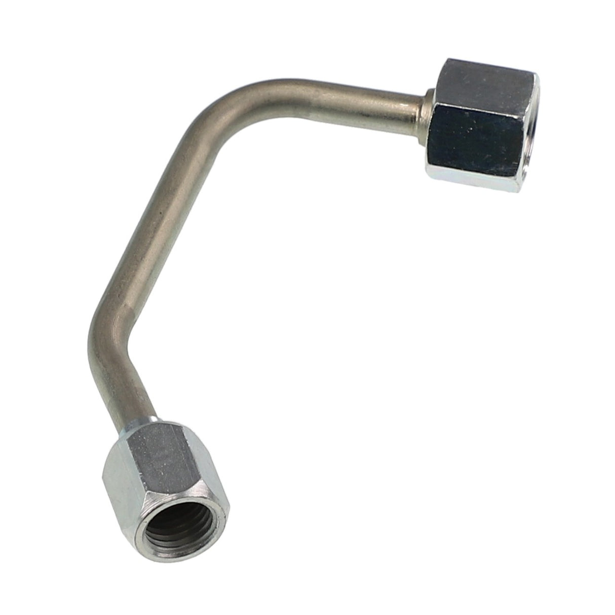 The AGCO | TUBE, RIGHT HAND - ACW1636090 is a metal pipe connector featuring a right-angle bend and hexagonal nuts on both ends.