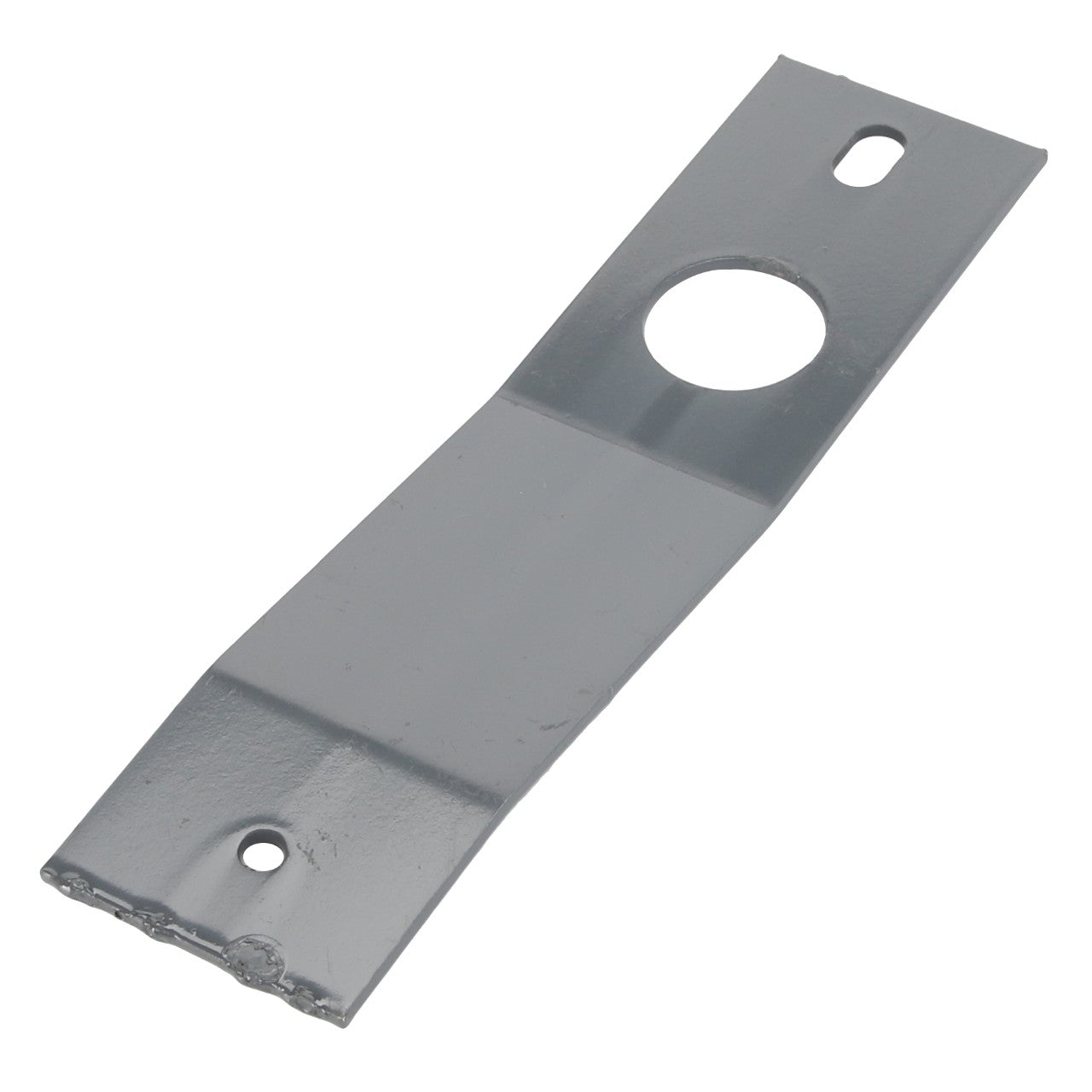 The AGCO BRACKET - D28385009 is a flat, elongated gray metal bracket featuring a large circular hole and a small oval hole at each end.