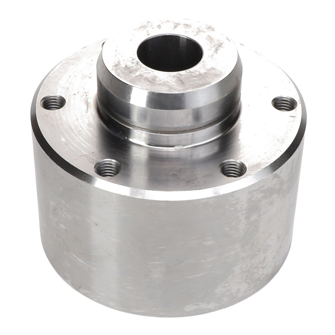 The AGCO Bearing Housing - Acx2744570 is a cylindrical metal casing featuring four threaded holes and a central circular opening on the top face.