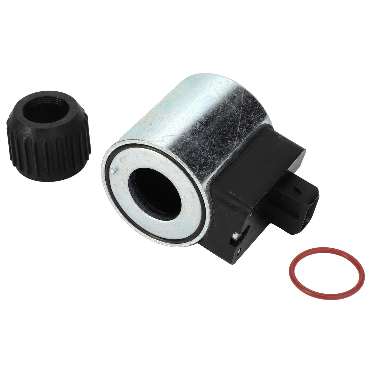 AGCO | Coil - Acp0324180, a metal solenoid valve assembly featuring a black plastic connector, rubber O-ring, and an adjacent black threaded cap.