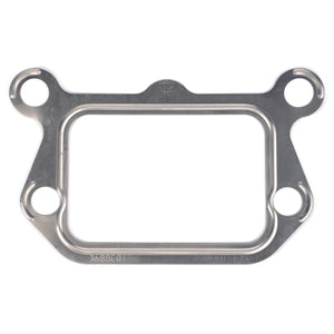 Close-up of a silver metal gasket with four circular bolt holes, designed for sealing joints in machinery or engines. This AGCO Gasket for Exhaust Manifold (3638258M1) is built to withstand high exhaust gas temperatures, ensuring reliable fitment for optimal performance.