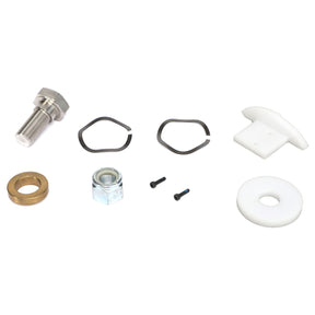 AGCO's AXLE KIT - AG333804, including a bolt, two clips, a nut, two small screws, a washer, a brass ring, and a white plastic piece is arranged on a white background. No current product description information available.