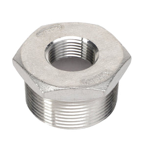 The AGCO | BUSH - AG051895 by AGCO is a robust metallic hex bushing featuring both external and internal threads, making it ideal for connecting two different sizes of piping or fittings.