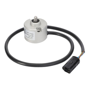 The AGCO Sensor - Acp0407920 is a cylindrical electrical component equipped with an attached multi-colored wire connected to a black plug. Designed for high accuracy steering, it features a metal shaft on top and incorporates AGCO Genuine Steering Sensors to reduce downtime.