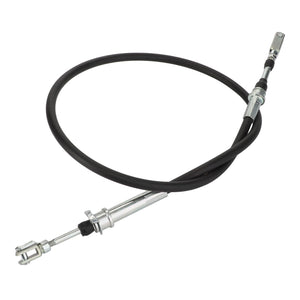 The AGCO Control Cable - Acp0250330, a black and silver automotive clutch cable featuring metallic connectors at both ends, is coiled in a loop.