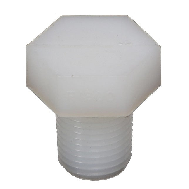 The AGCO | HEX HEAD PLUG - AG561472 is a durable white plastic hex head pipe plug with a threaded end, perfect for effectively sealing or closing off pipe openings.