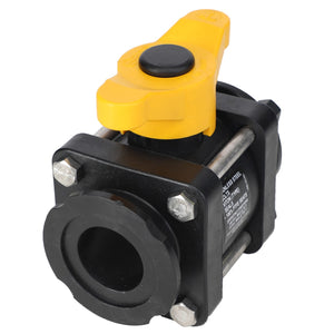 A close-up image of an AGCO | BALL VALVE - AG523923, featuring a yellow handle and a black body, secured by four metal bolts.