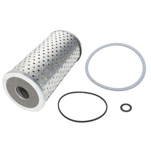 A cylindrical metal filter with holes, accompanied by three circular gaskets of different sizes, placed on a white background. Product Name: AGCO | FILTER ELEMENT - AG606881, Brand Name: AGCO. No current product description information is available.