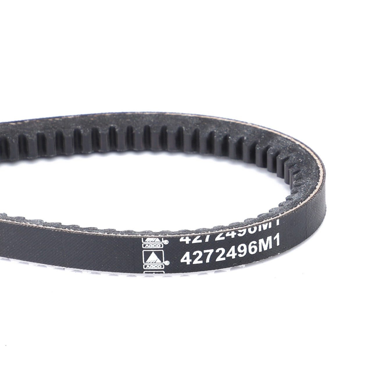 The AGCO V-Belt, product number 4272496M1, is a black, toothed belt with white printed text and is designed for optimal performance in Massey Ferguson models.