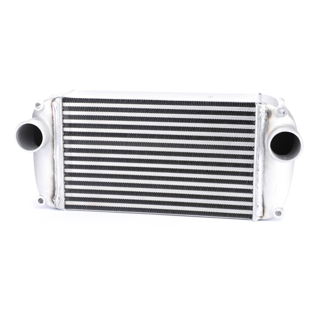 The *SPECIAL PRICE* - Intercooler - 4292040M1 by JMCE DEALS is a rectangular car intercooler featuring metal fins and two cylindrical ports on either end, designed similarly to components used in Fendt Models.