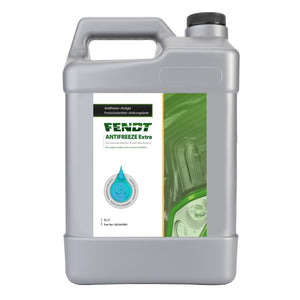 A 5-liter container of AGCO | Fendt Antifreeze Extra 5L - 3933443M1, specifically designed for Fendt machinery, featuring a green label with usage instructions and safety information. This engine coolant concentrate includes a hybrid corrosion inhibitor for superior protection.