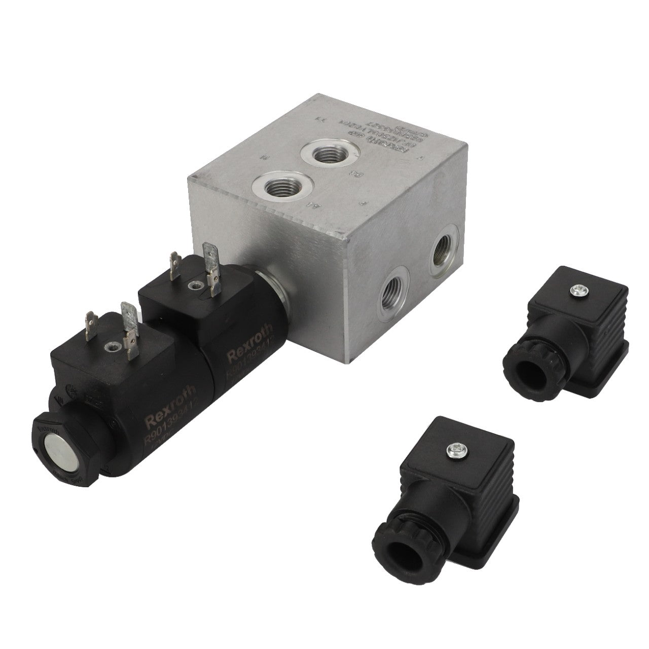 An AGCO hydraulic solenoid valve, model Acw7597920, featuring an aluminum block and two separate connectors on a white background. No current product description information available.