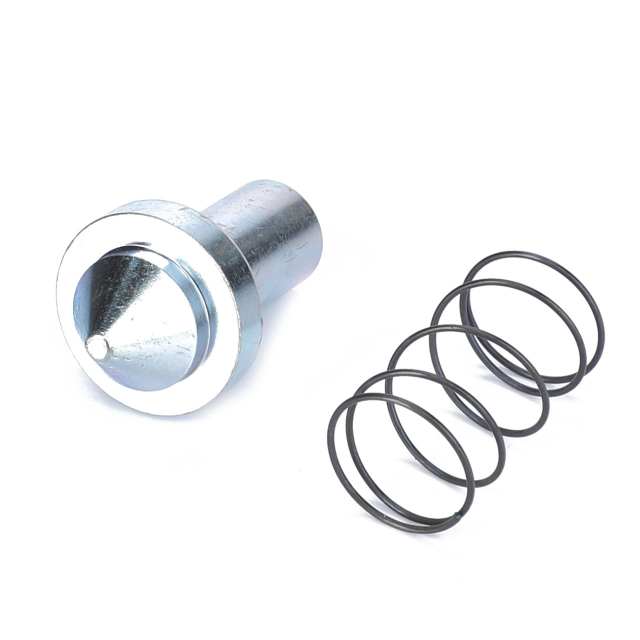 The AGCO CONTROL PIN - F816500070230, featuring a cone-shaped tip and a cylindrical base, is shown next to a coiled spring. No current product description information is available.