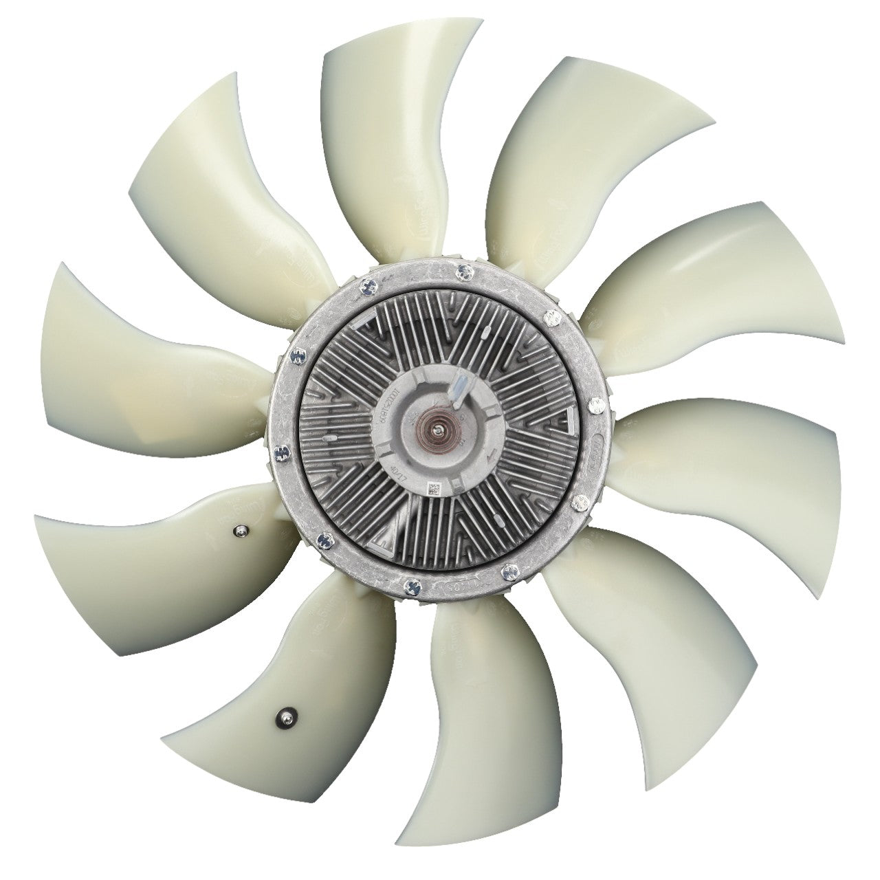 A top-view image of an AGCO fan featuring ten curved blades extending outward and a central hub with mechanical components showcases the AGCO Fan, Fixed Blades & Viscous Coupling - Acp0325850, designed for optimal engine temperature management. The pale off-white blades ensure efficient cooling, making it ideal for a tractor radiator system.