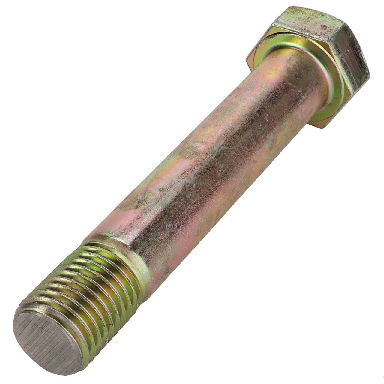 No current product description is available for the AGCO Bolt - Acp0149190. This hex bolt features threading at one end and a hexagonal head at the other. Made by AGCO, it is constructed from metal with a slightly tarnished finish, providing durability and a rustic appearance.