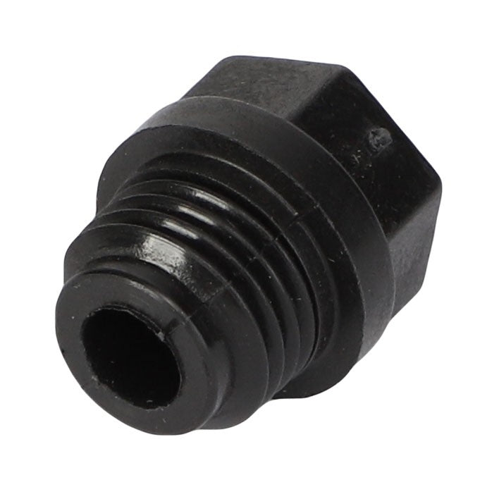 Introducing the AGCO | Plug - Ag000747, a black plastic threaded plug featuring a hexagonal head and a central hole.