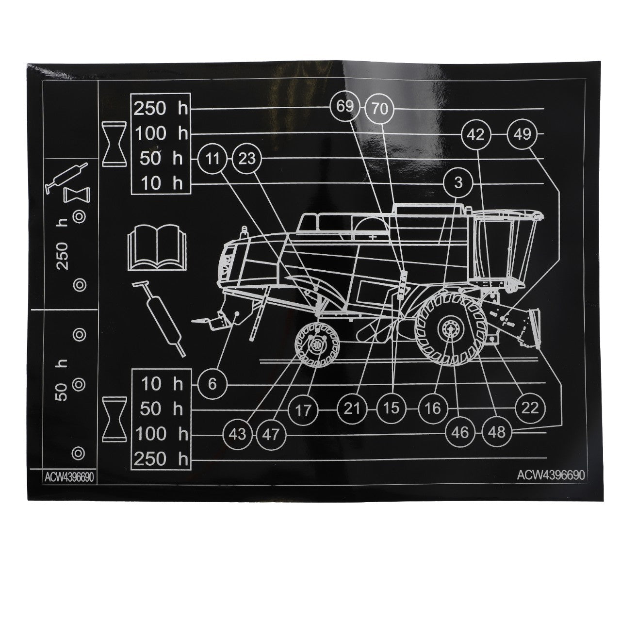 The AGCO | Decal, Right Hand - Acw4396690 includes a black and white machinery maintenance diagram with labeled parts, various hour intervals for service checks, tools, and symbols; however, no up-to-date product description information is available.