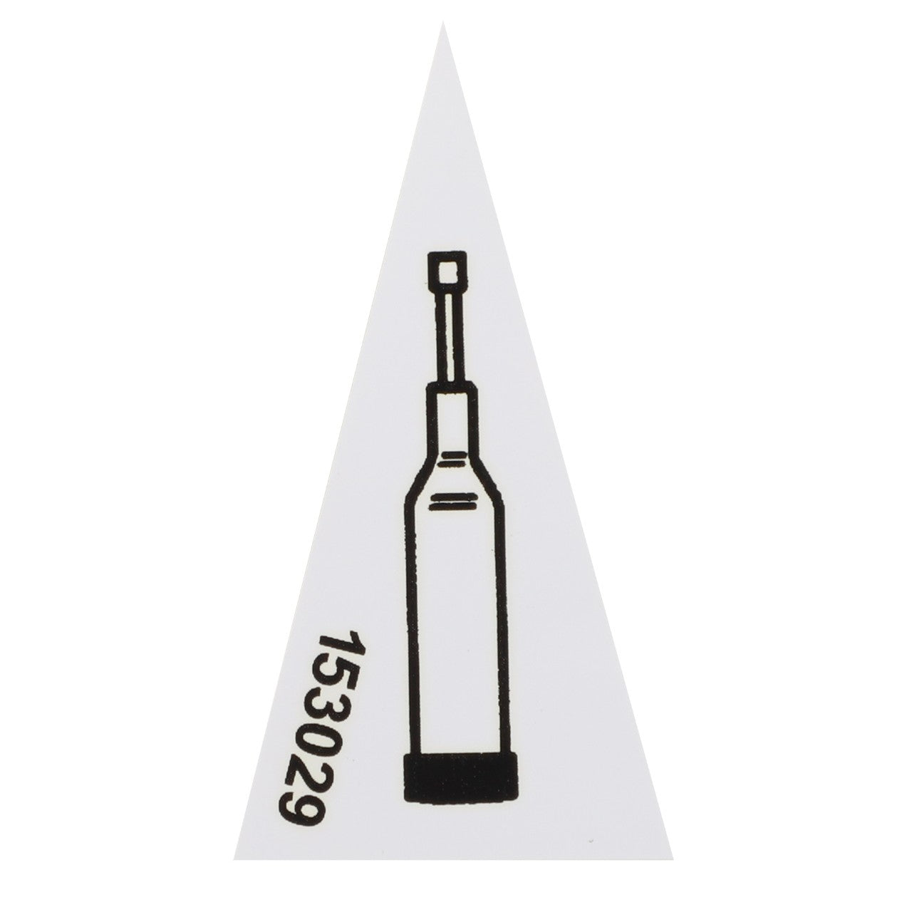 This triangle-shaped sticker from AGCO, featuring a black illustration of a syringe-like object and identified by item number 153029, is listed as the "Decal - Fel153029." No current product description is available.