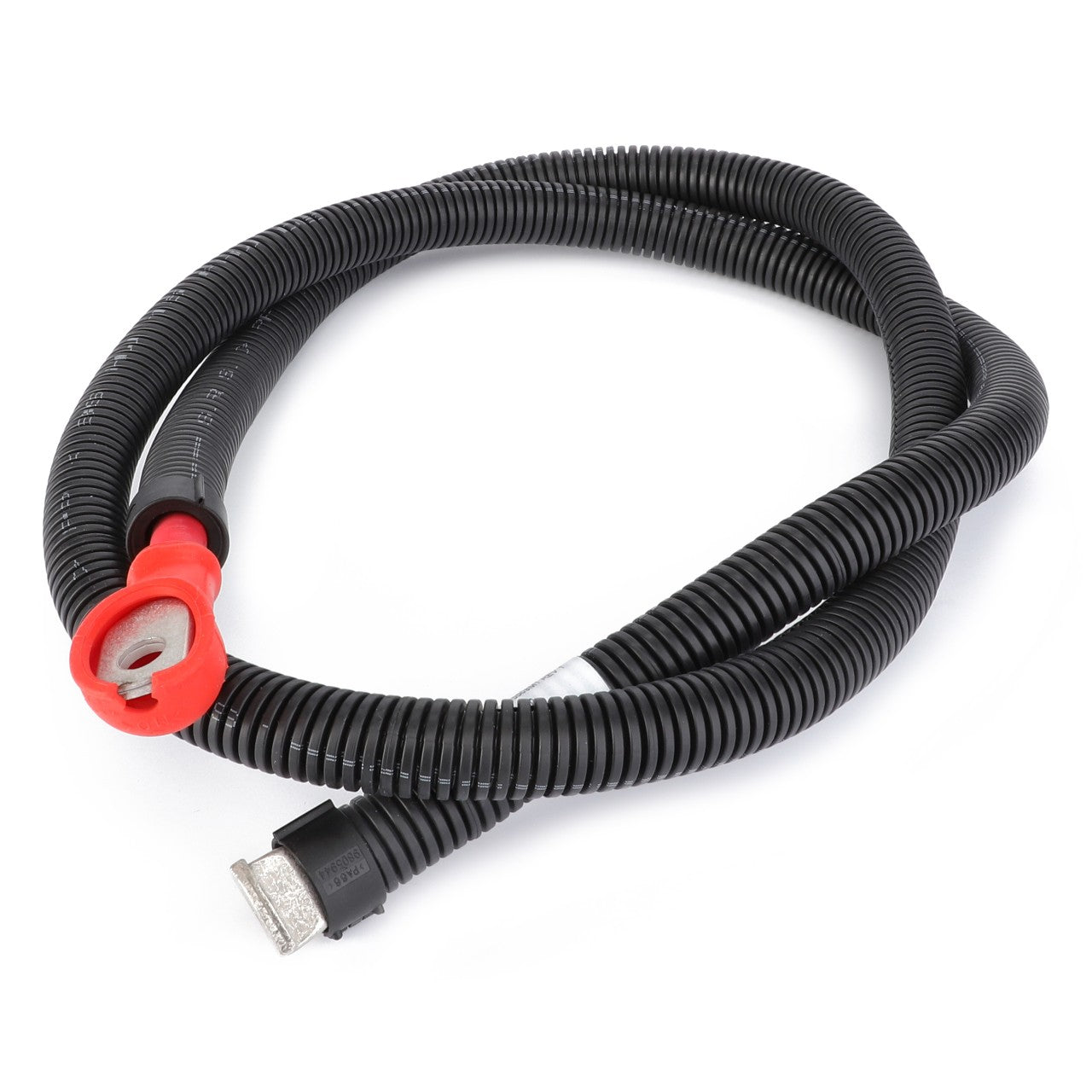 The AGCO Battery Cable, Positive - 4275508M1 by AGCO is a black corrugated cable assembly featuring a red terminal connector on one end and a metallic connector on the other, specifically designed for Massey Ferguson models to ensure operating safety and reliability.