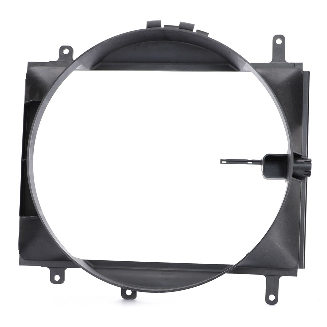 The AGCO | Radiator Cowl, Full - Acw021414A is a black plastic automotive radiator fan shroud made from high-grade materials, featuring a circular central opening and mounting brackets on the edges to ensure optimal airflow.